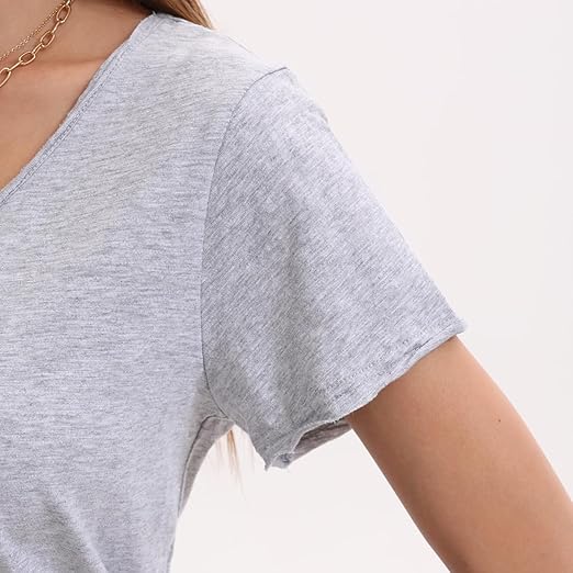 Premium Slub Cotton V Neck Raw Hem Lightweight Breathable Casual T Shirt Women