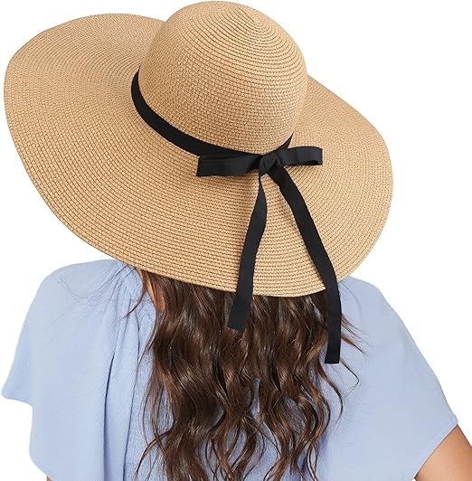 Wide Brim Paper Straw Sun Hat Lightweight UV Protection Breathable Summer Women