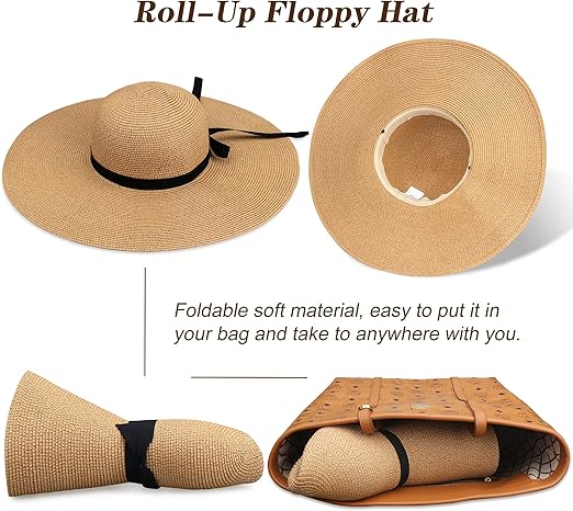 Wide Brim Paper Straw Sun Hat Lightweight UV Protection Breathable Summer Women