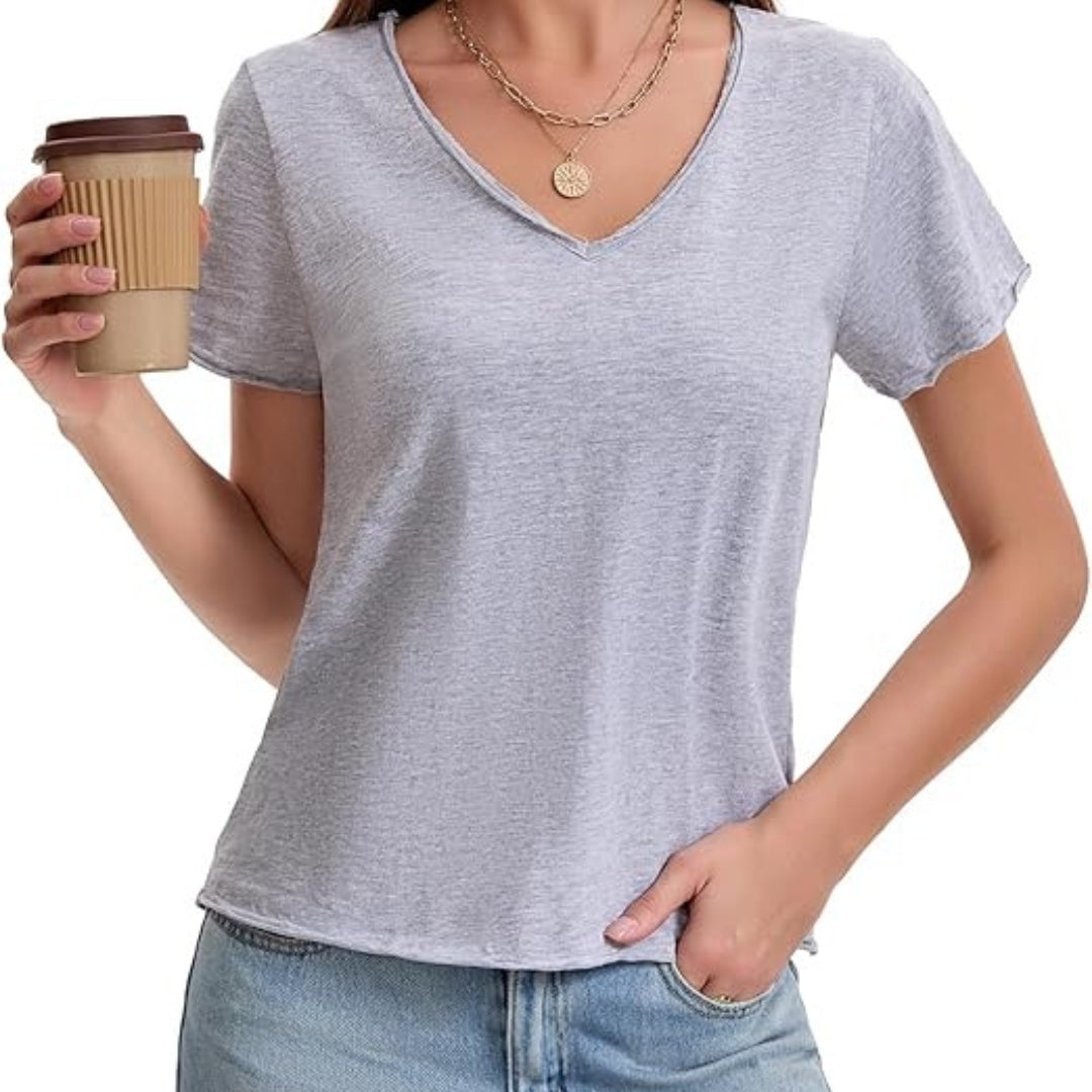 Premium Slub Cotton V Neck Raw Hem Lightweight Breathable Casual T Shirt Women