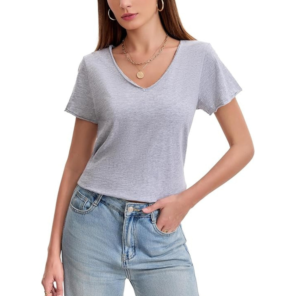 Premium Slub Cotton V Neck Raw Hem Lightweight Breathable Casual T Shirt Women