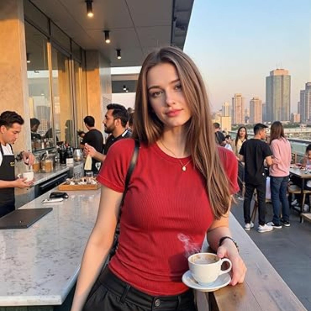 Soft Knit Ribbed Crew Neck Stretch Short Sleeve Slim Fit Women T Shirt