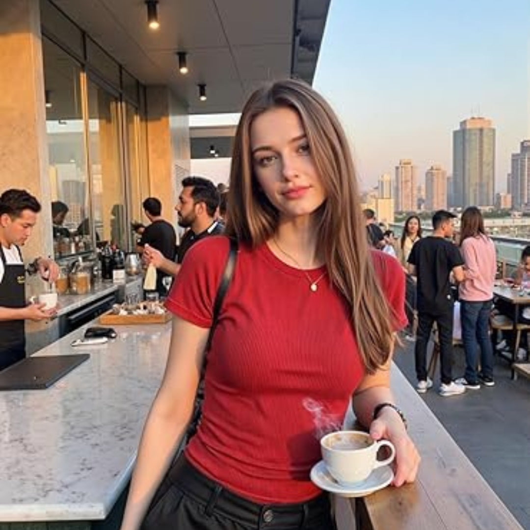 Soft Knit Ribbed Crew Neck Stretch Short Sleeve Slim Fit Women T Shirt