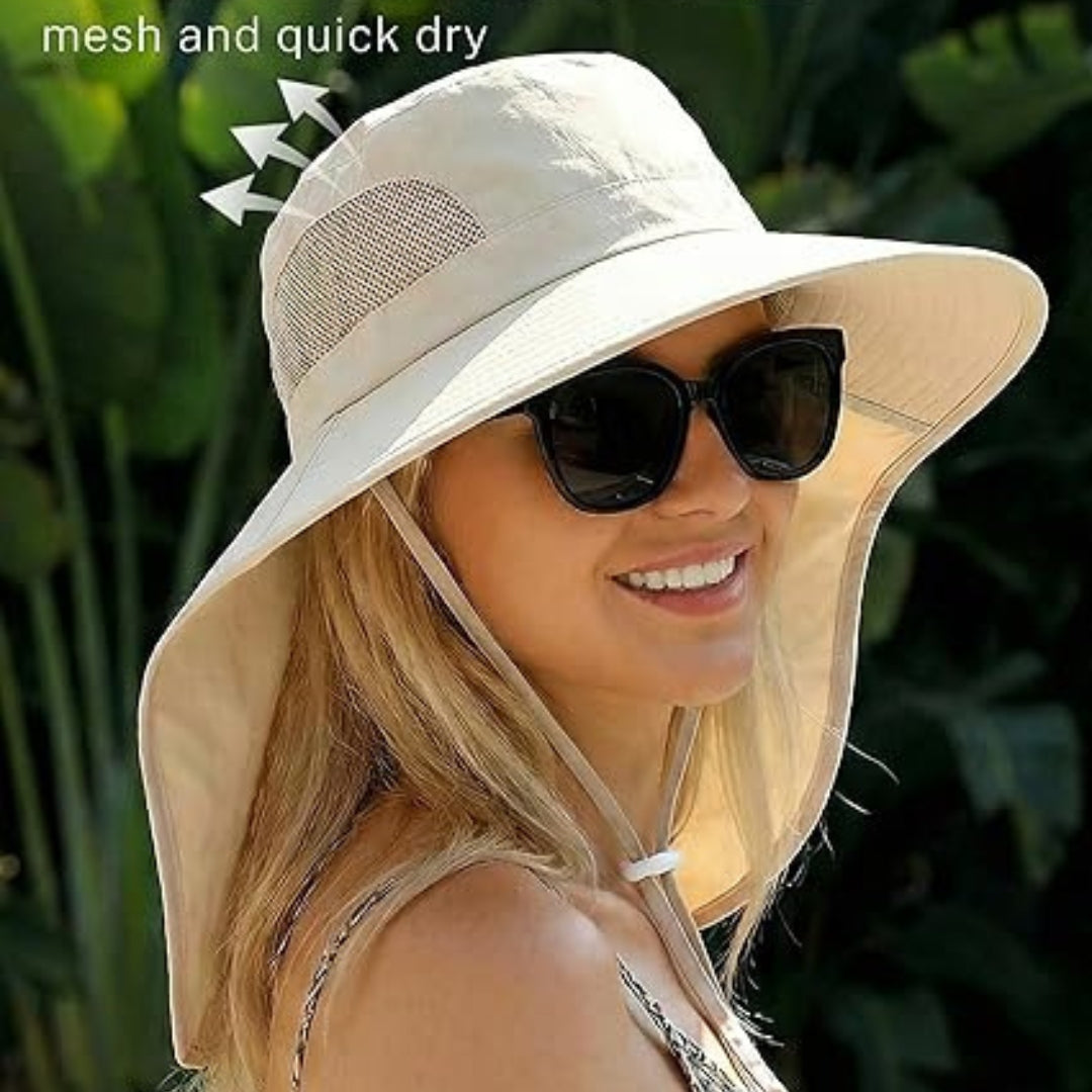 Women Sun Hat UV Protection Wide Brim Neck Cover Outdoor Fishing Hiking Cap