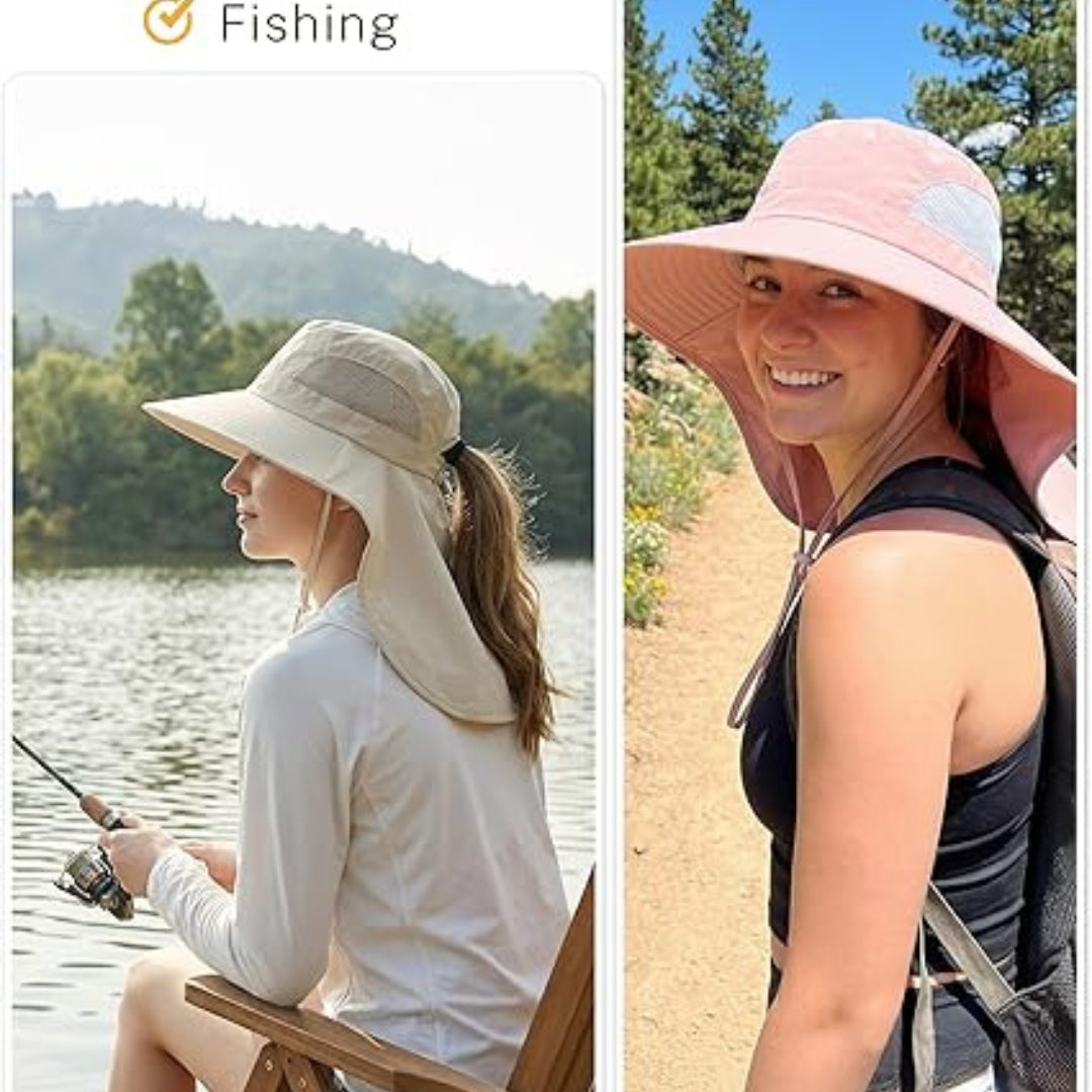 Women Sun Hat UV Protection Wide Brim Neck Cover Outdoor Fishing Hiking Cap