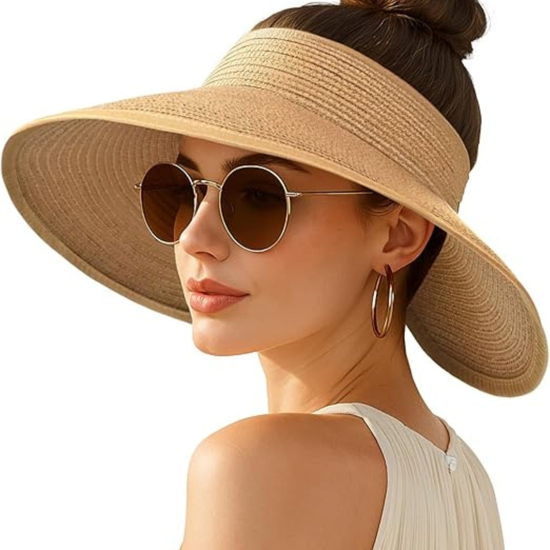 Straw Sun Visor Hat Foldable Packable Wide Brim UV Protection Summer Women