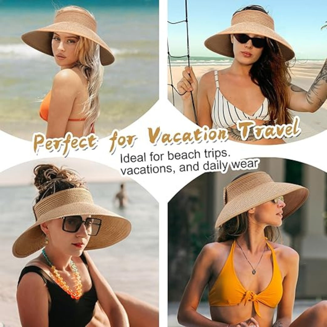 Straw Sun Visor Hat Foldable Packable Wide Brim UV Protection Summer Women