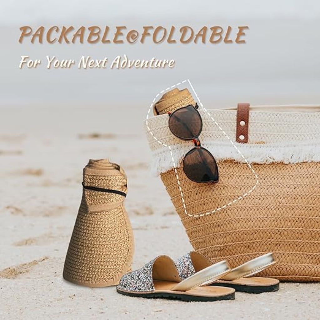 Straw Sun Visor Hat Foldable Packable Wide Brim UV Protection Summer Women