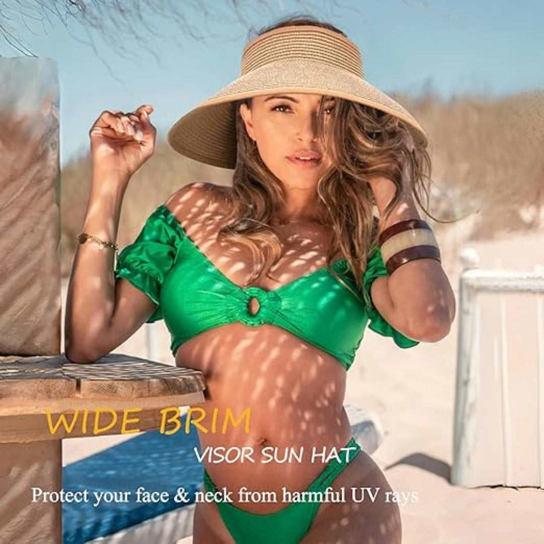 Straw Sun Visor Hat Foldable Packable Wide Brim UV Protection Summer Women