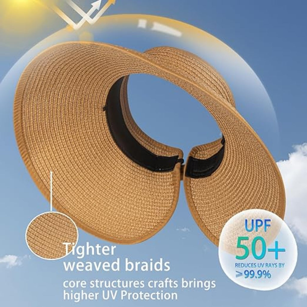 Straw Sun Visor Hat Foldable Packable Wide Brim UV Protection Summer Women