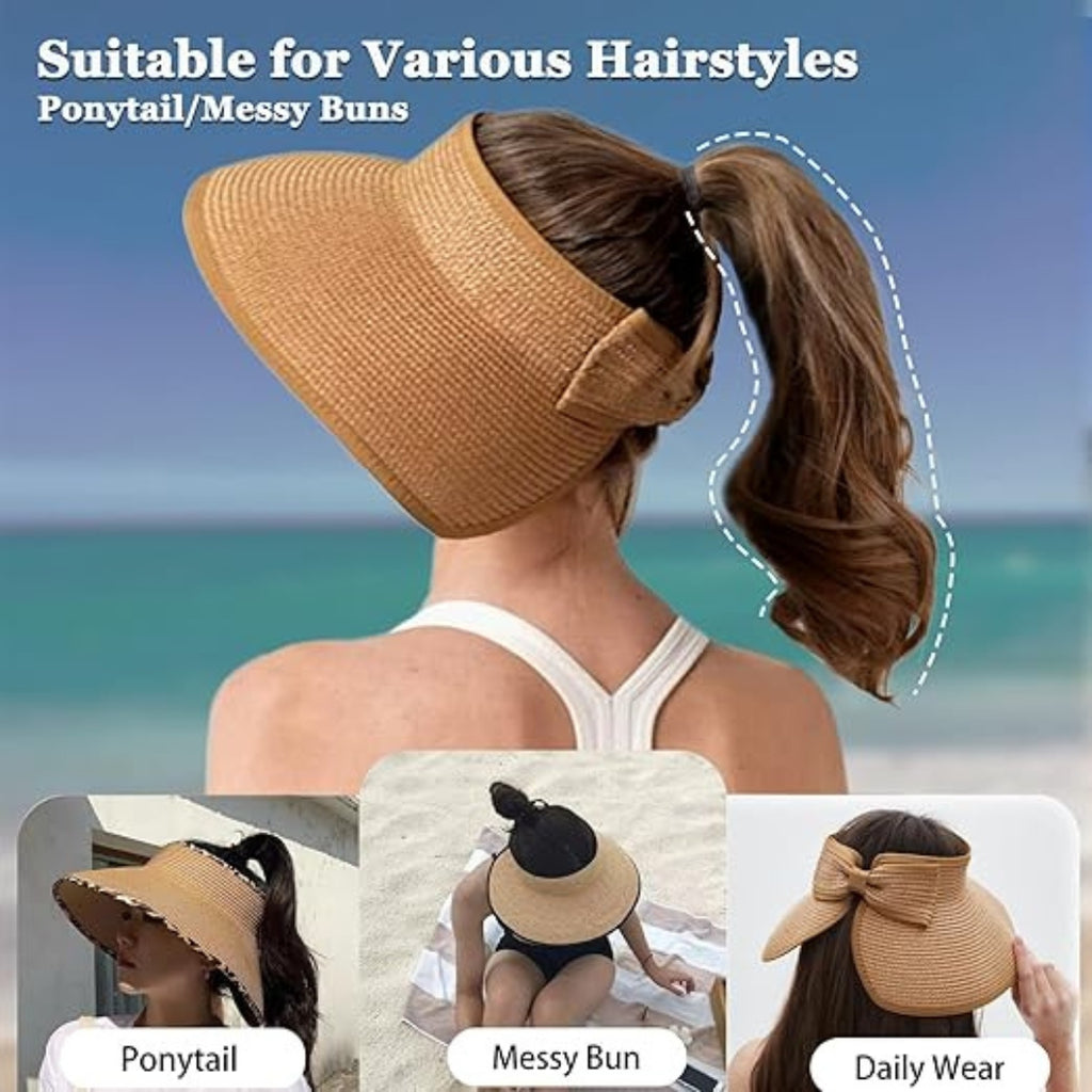 Straw Sun Visor Hat Foldable Packable Wide Brim UV Protection Summer Women