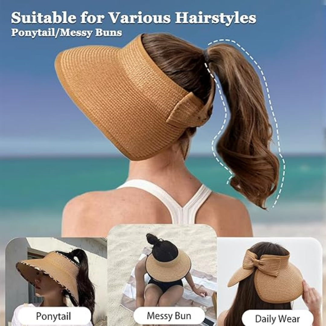 Straw Sun Visor Hat Foldable Packable Wide Brim UV Protection Summer Women