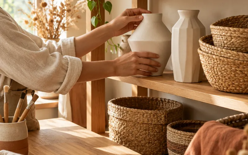 Styling a shelf with Bazofino ceramics and storage pieces